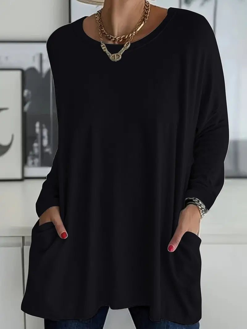 Effortless Black Tunic Top for Women with Round Neck Long Sleeve Oversized Pocket Casual Style