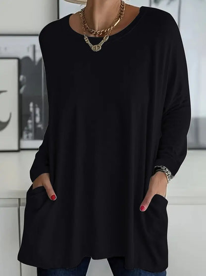 Effortless Black Tunic Top for Women with Round Neck Long Sleeve Oversized Pocket Casual Style