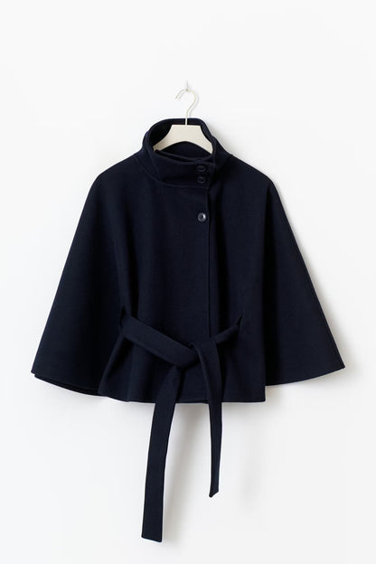 Elegant Cream Wool Winter Coat for Women with Funnel Neck Cape Sleeve Belted Cropped Style