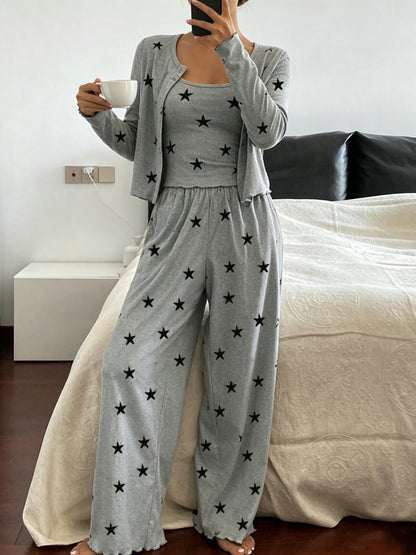 Comfortable Mixed Color Star Print Three Piece Pajama Set for Women with Round Neck Long Sleeve Cardigan Wide Leg Pant Relaxed Style