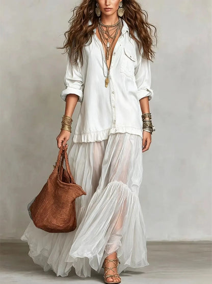 Effortless Maxi Dress for Women with Button-Front Shirt Collar Sheer Tiered Skirt