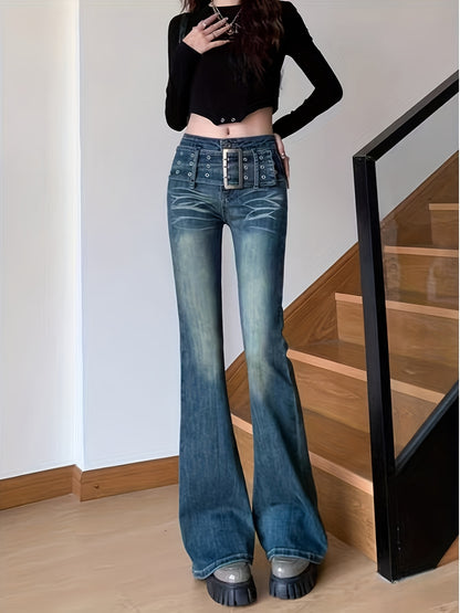 Effortless Blue Distressed Flare Jeans for Women with Grommet Belt Low Rise Whiskered Streetwear Style