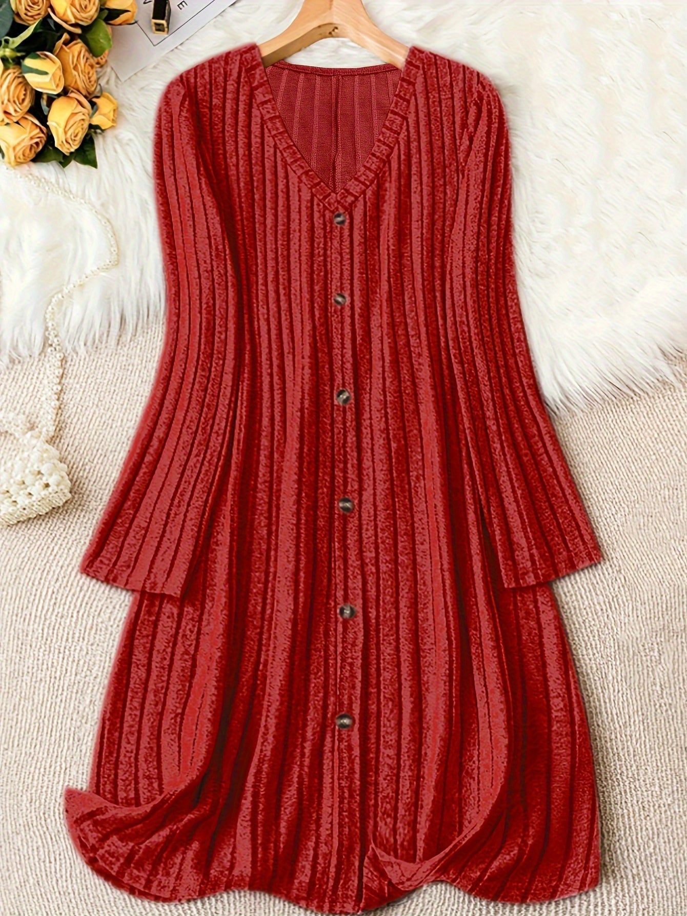 Comfortable Ribbed Knit Sweater Dress for Women with V Neck Long Sleeve Button Front Flowing Style