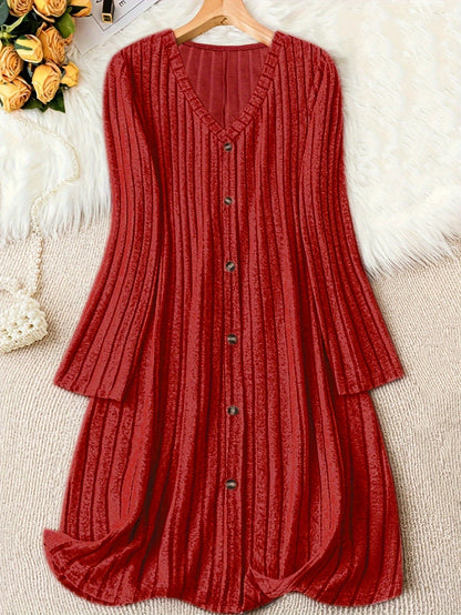 Comfortable Ribbed Knit Sweater Dress for Women with V Neck Long Sleeve Button Front Flowing Style