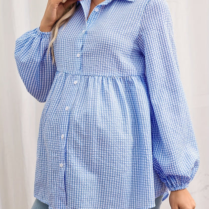 Effortless Gingham Maternity Blouse for Women with Collar Long Sleeve Button Front Babydoll Style