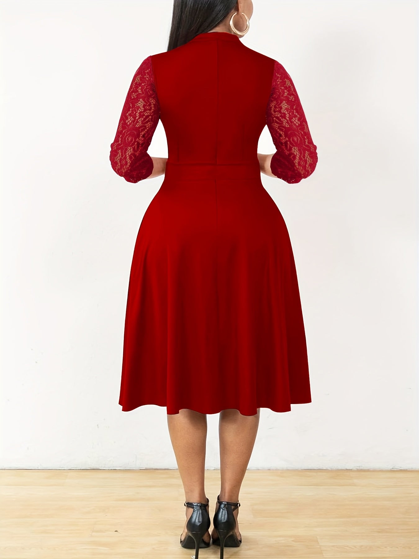 Elegant Lace Christmas Party Dress for Women with Notched Neck Three Quarter Sleeve Fit Flare Cocktail Style