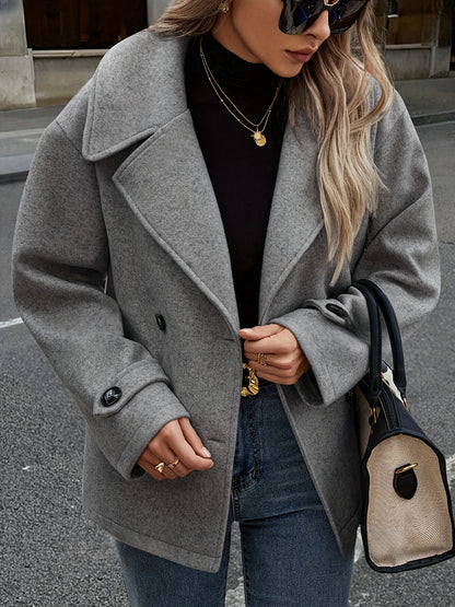 Elegant Dark Gray Wool High Pea Coat for Women with Notched Lapel Long Sleeve Double Breasted Oversized Style