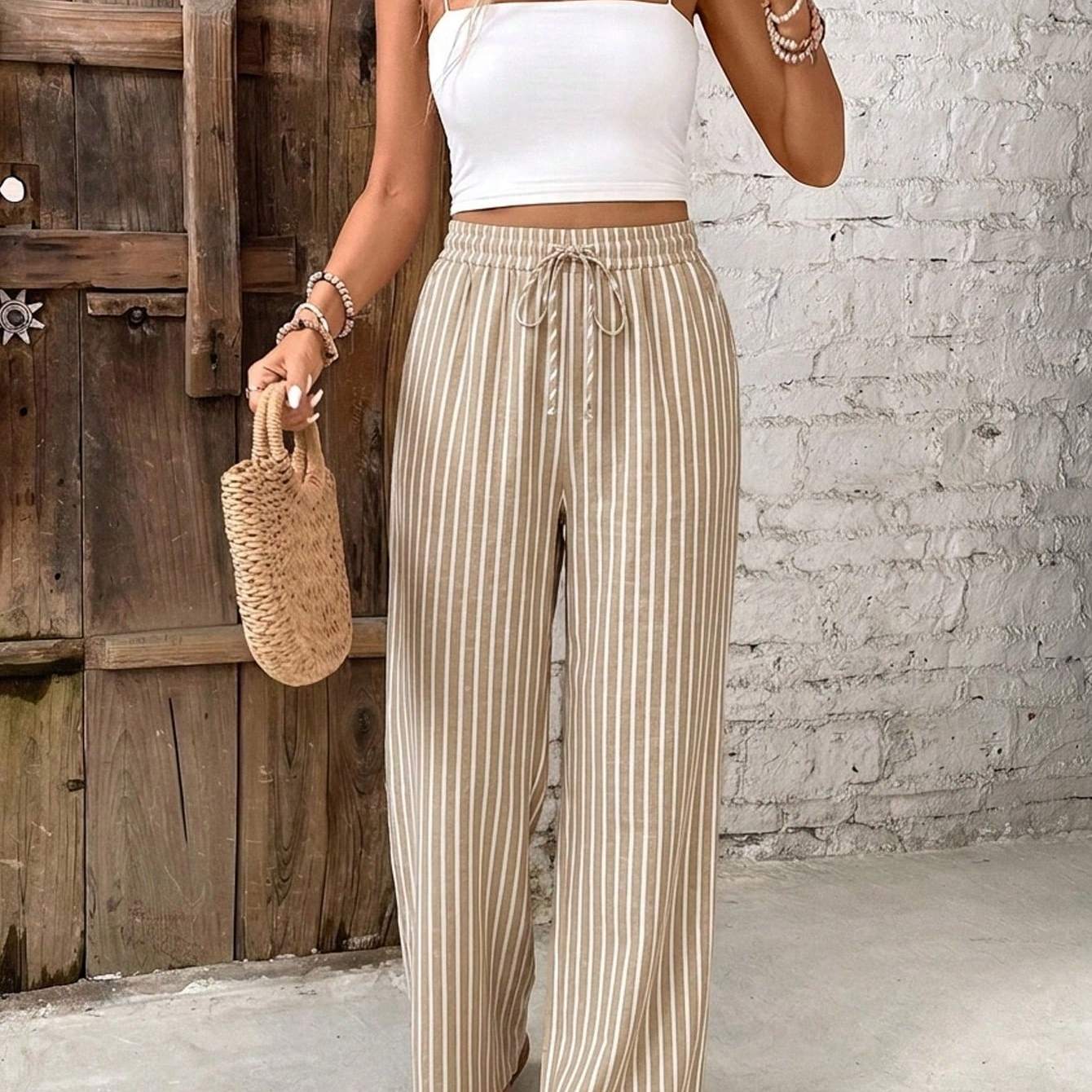 Effortless Striped Linen Wide Leg Pants for Women with High Waist Drawstring Flowing Casual Style