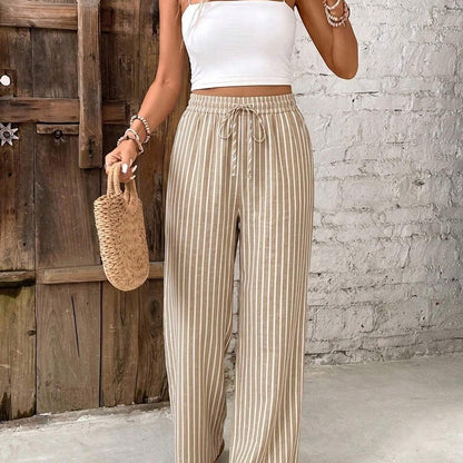 Effortless Striped Linen Wide Leg Pants for Women with High Waist Drawstring Flowing Casual Style