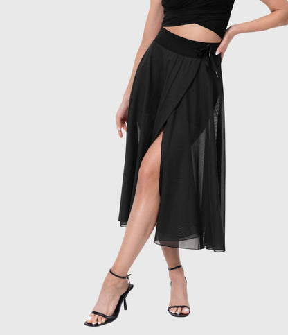 Effortless Sage Green Mesh Skirt for Women with High Waist Drawstring A Line Flowy Style