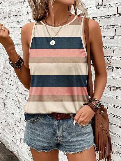Effortless Striped Colorblock Tank Top for Women with Crew Neck Sleeveless Relaxed Casual Style