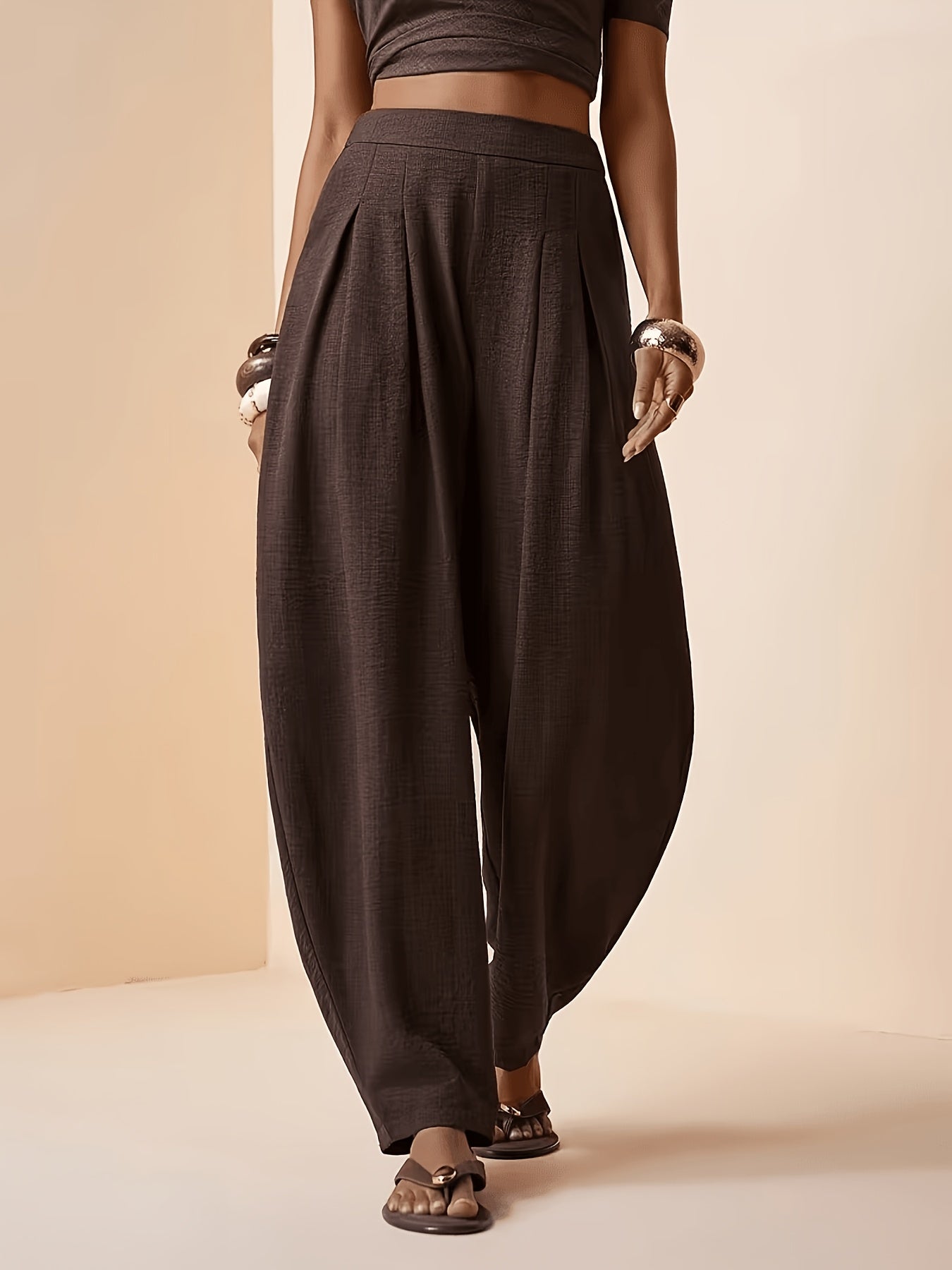 Effortless Coffee Brown Linen Harem Pants for Women with High Waist Pleated Tapered Ankle