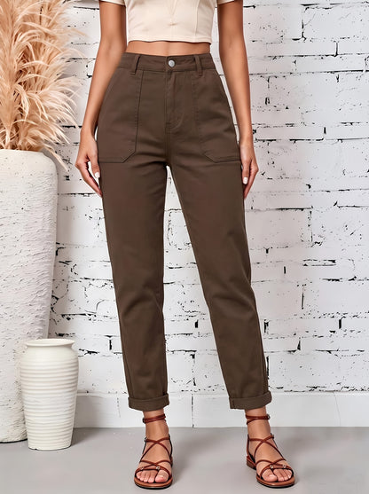 Effortless Coffee Brown Cotton Trousers for Women with High Waist Patch Pocket Cuffed Hem Relaxed Style