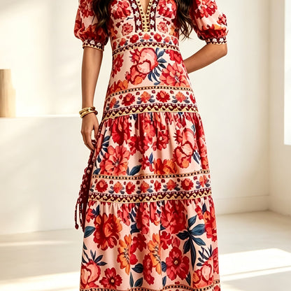 Effortless Floral Print Boho Dress for Women with V Neck Puff Sleeve Tiered Maxi Flowing Style