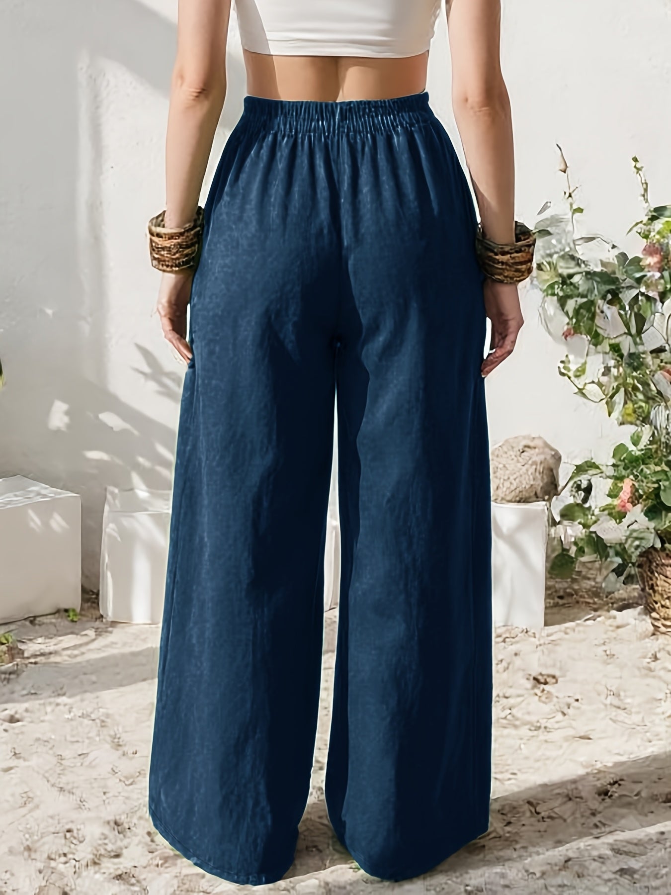 Effortless Linen Wide Leg Pants for Women with High Waist Pocket Flowing Relaxed Casual Style