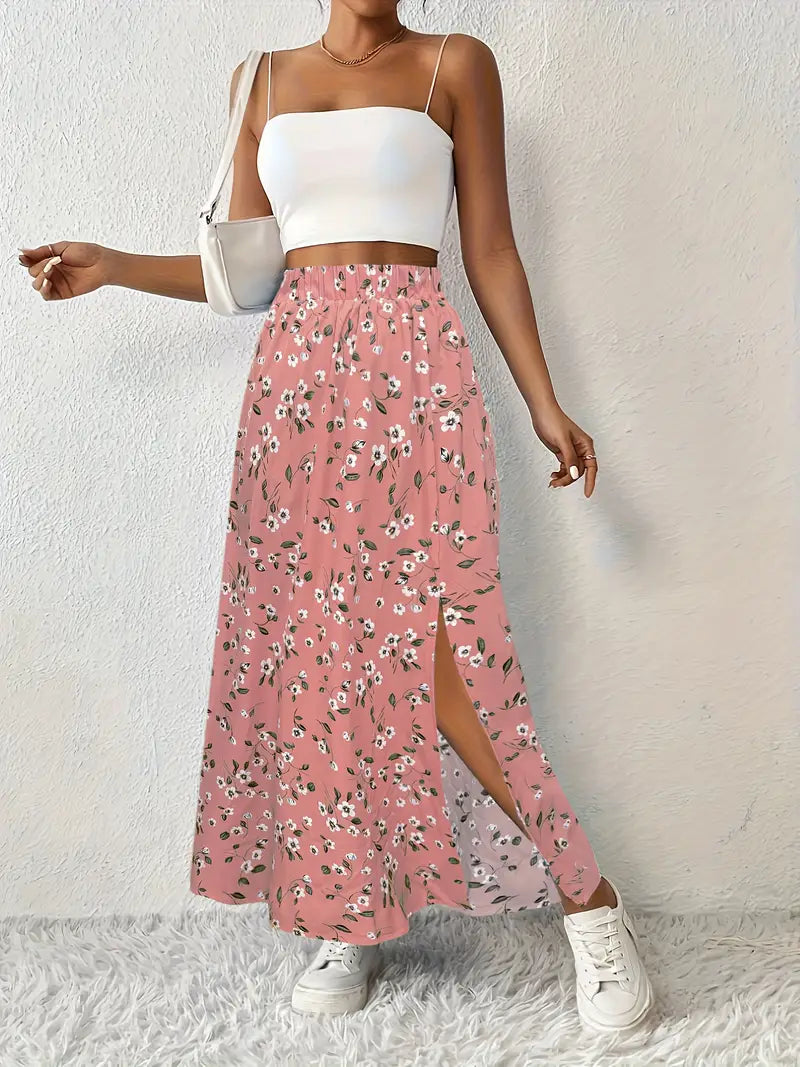 Effortless Blue Floral Maxi Skirt for Women with High Waist Side Slit Flowing Bohemian Style