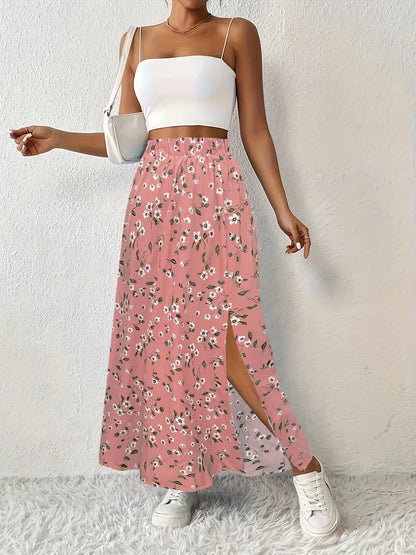 Effortless Blue Floral Maxi Skirt for Women with High Waist Side Slit Flowing Bohemian Style