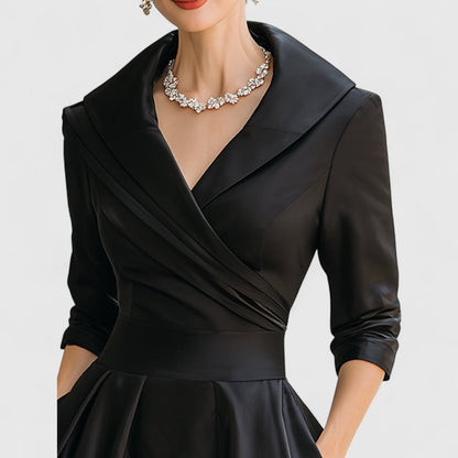 Elegant Satin Midi Dress for Women with Elbow Sleeve Shawl Collar Wrap Bodice Formal Wedding Guest Style