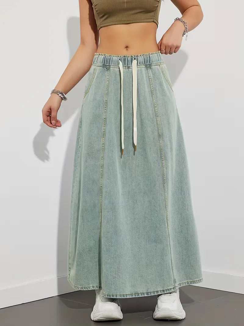Effortless Denim Skirt for Women with High Waist Drawstring A Line Side Slit Style