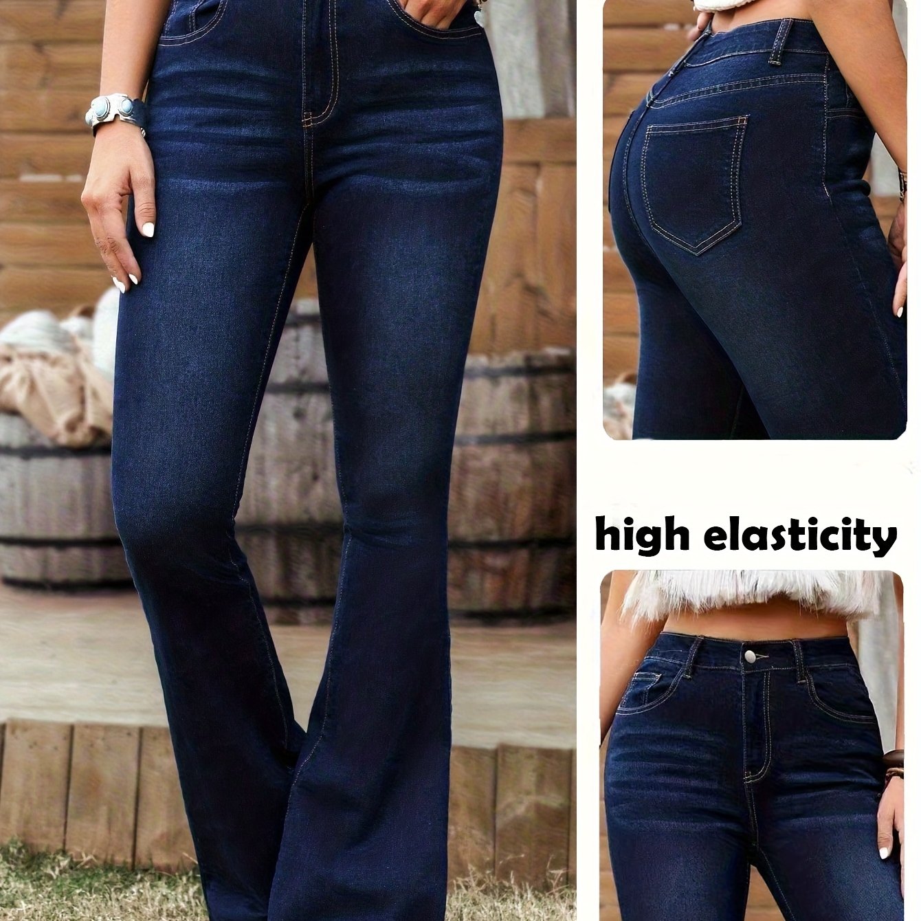 Effortless Dark Blue Flare Jeans for Women with High Waist Stretch Denim Bootcut Western Style