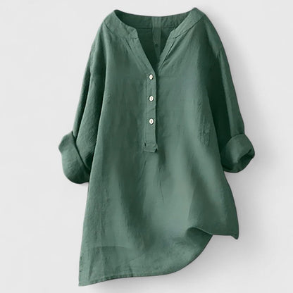 Effortless White Linen Shirt for Women with V Neck Long Sleeve Button Front Relaxed Style