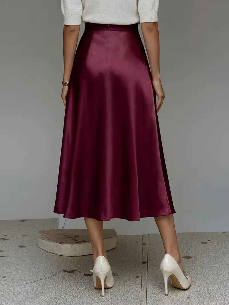 Elegant Satin Midi Skirt for Women with High Waist A Line Pocket Flowing Style