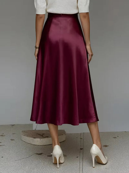 Elegant Satin Midi Skirt for Women with High Waist A Line Pocket Flowing Style