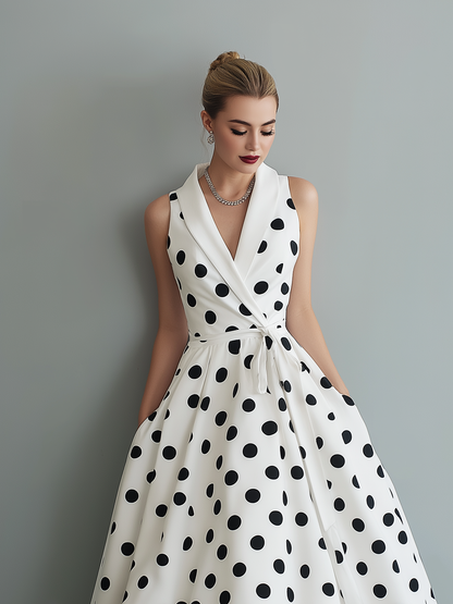 Elegant Black and White Polka Dot Midi Dress for Women with Wrap V Neck Tie Waist Sleeveless Flared Casual Style