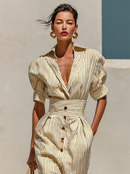 Stylish Striped Shirt Dress for Women with Lapel Collar Puff Sleeve Wide Belt Waist Button Front Casual Midi Style