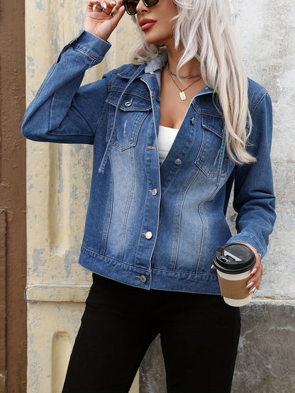 Effortless Blue Jean Jacket for Women with Hooded Collar Long Sleeve Button Front Relaxed Style