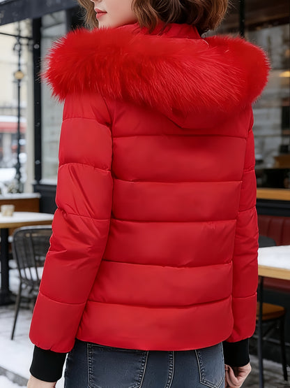 Cozy Red Ski Jacket for Women with Hooded Zip Closure Quilted Warm Winter Style