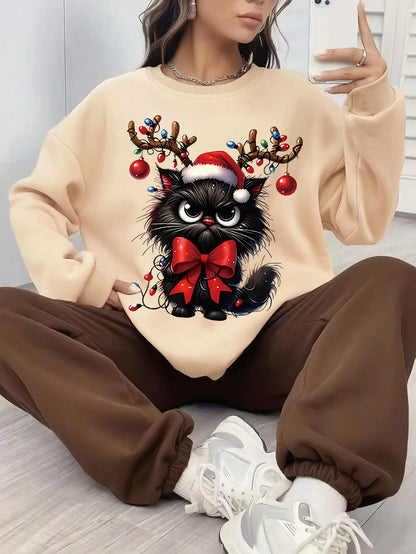 Comfortable Christmas Tacky Sweater for Women with Crew Neck Long Sleeve Cat Graphic Oversized Knit Style