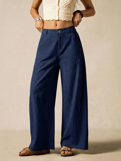 Effortless Linen Wide Leg Trousers for Women with High Waist Button Front Relaxed Casual Style