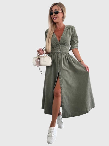 Effortless Denim Midi Dress for Women with V-Neck Button Front Elbow Sleeve Casual Style