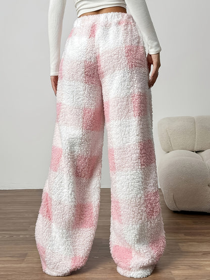 Cozy Plaid Plush Sweatpants for Women with Drawstring Waist Wide Leg Fleece Lounge Style