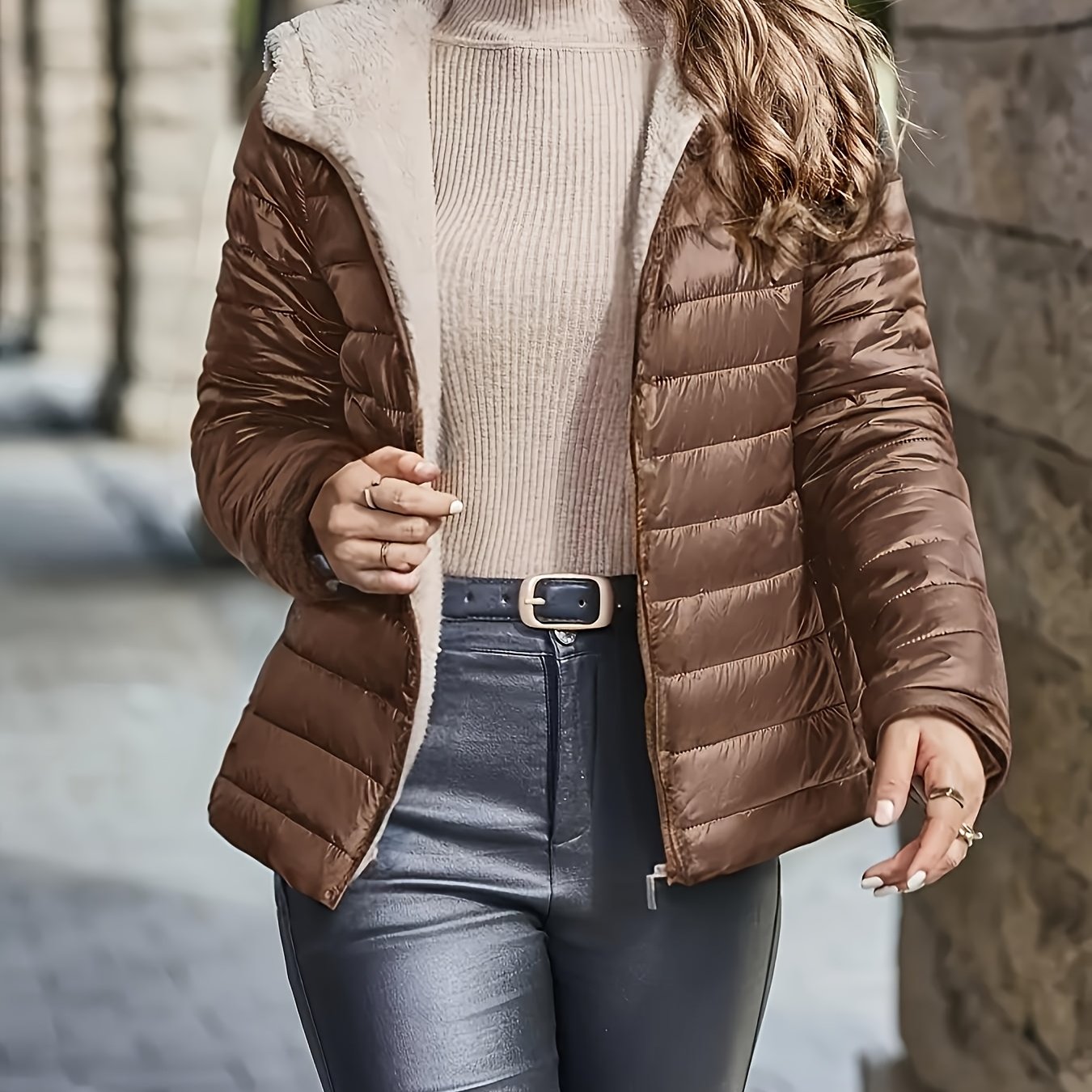 Effortless Coffee Brown Quilted Jacket for Women with Hooded Sherpa Lined Zip Front Relaxed Style