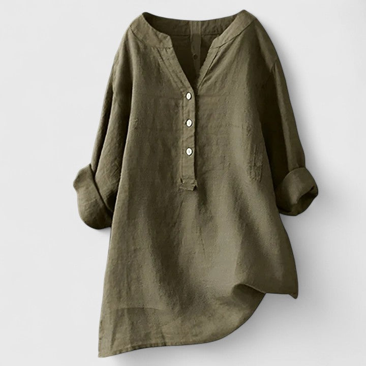 Effortless White Linen Shirt for Women with V Neck Long Sleeve Button Front Relaxed Style