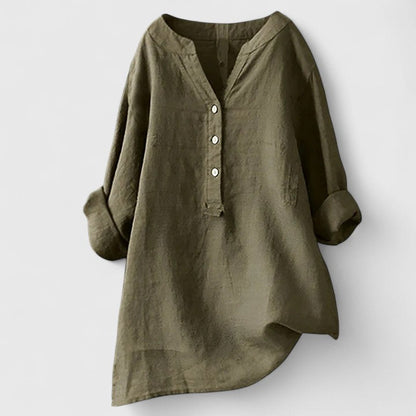 Effortless White Linen Shirt for Women with V Neck Long Sleeve Button Front Relaxed Style