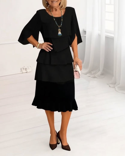 Elegant Tiered Little Black Dress for Women with Round Neck Flutter Sleeve Ruffle Hem Flowing Style