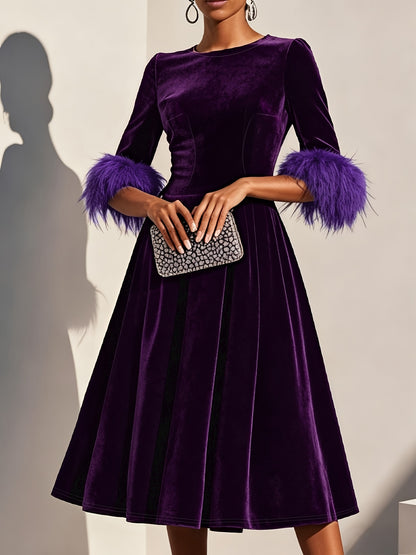 Elegant Velvet Semi Formal Dress for Women with Round Neck Feather Trim Sleeve Fit and Flare Midi Party Style