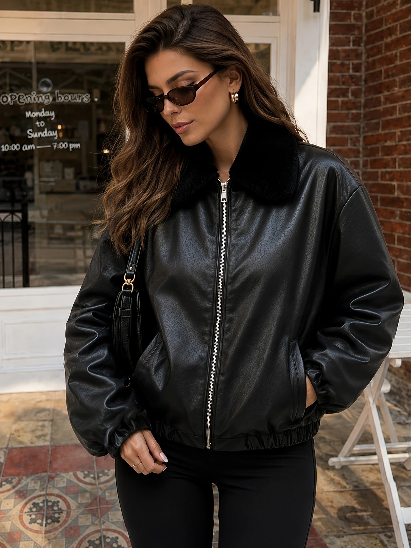 Stylish Black Faux Leather Bomber Jacket for Women with Faux Fur Collar Zip Front Ribbed Trim Moto Style