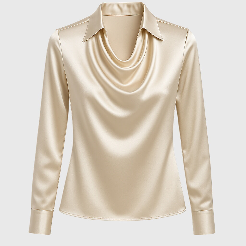 Elegant Satin Long Sleeve Shirt for Women with Cowl Neck Collar Relaxed Silky Style