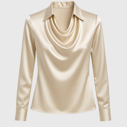Elegant Satin Long Sleeve Shirt for Women with Cowl Neck Collar Relaxed Silky Style