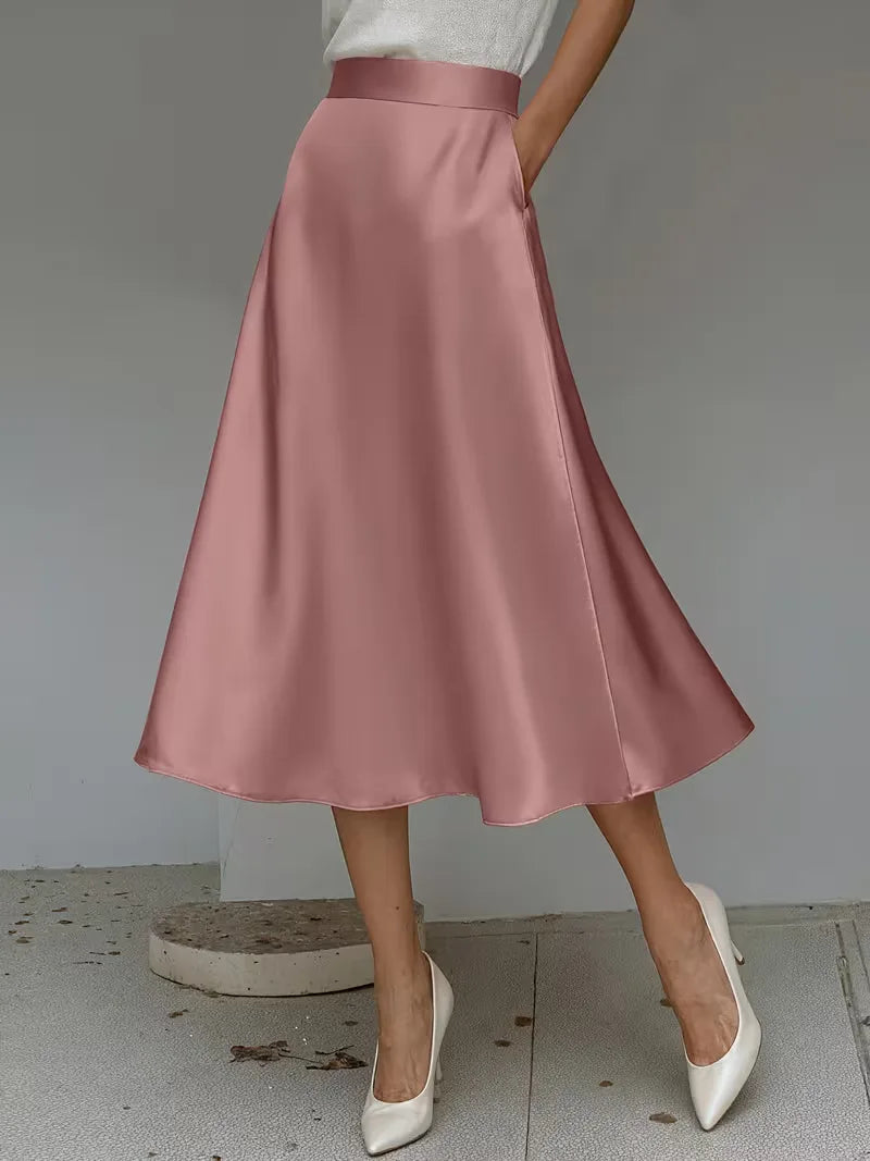 Elegant Satin Midi Skirt for Women with High Waist A Line Pocket Flowing Style