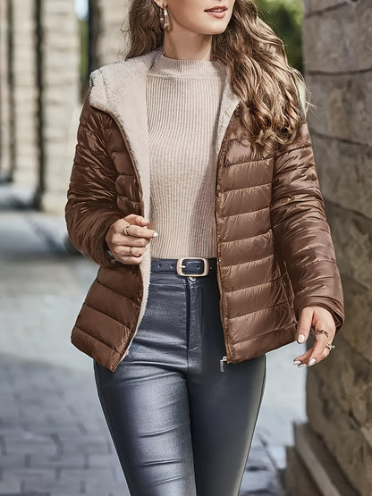 Effortless Coffee Brown Quilted Jacket for Women with Hooded Sherpa Lined Zip Front Relaxed Style