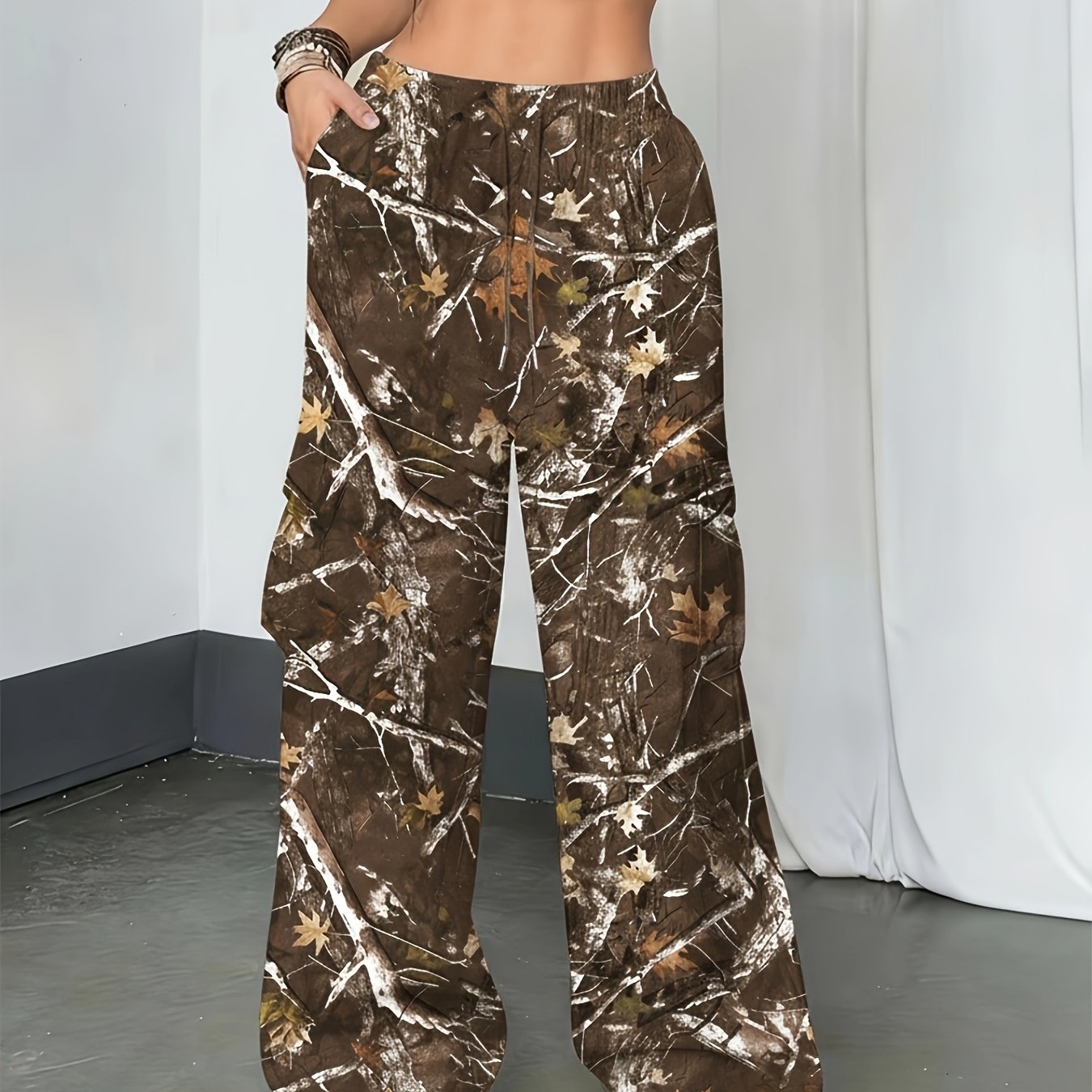 Effortless Camo Pants for Women with High Waist Drawstring Cargo Pocket Wide Leg Relaxed Style