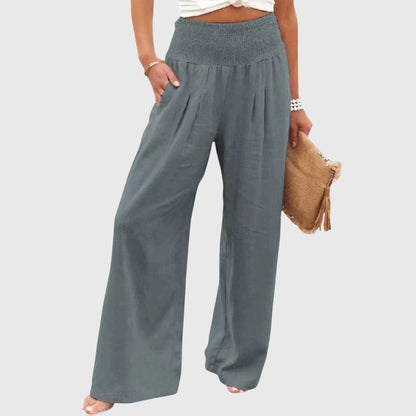 Effortless Black Linen Wide Leg Pants for Women with High Waisted Smocked Waist Relaxed Flowing Casual Style