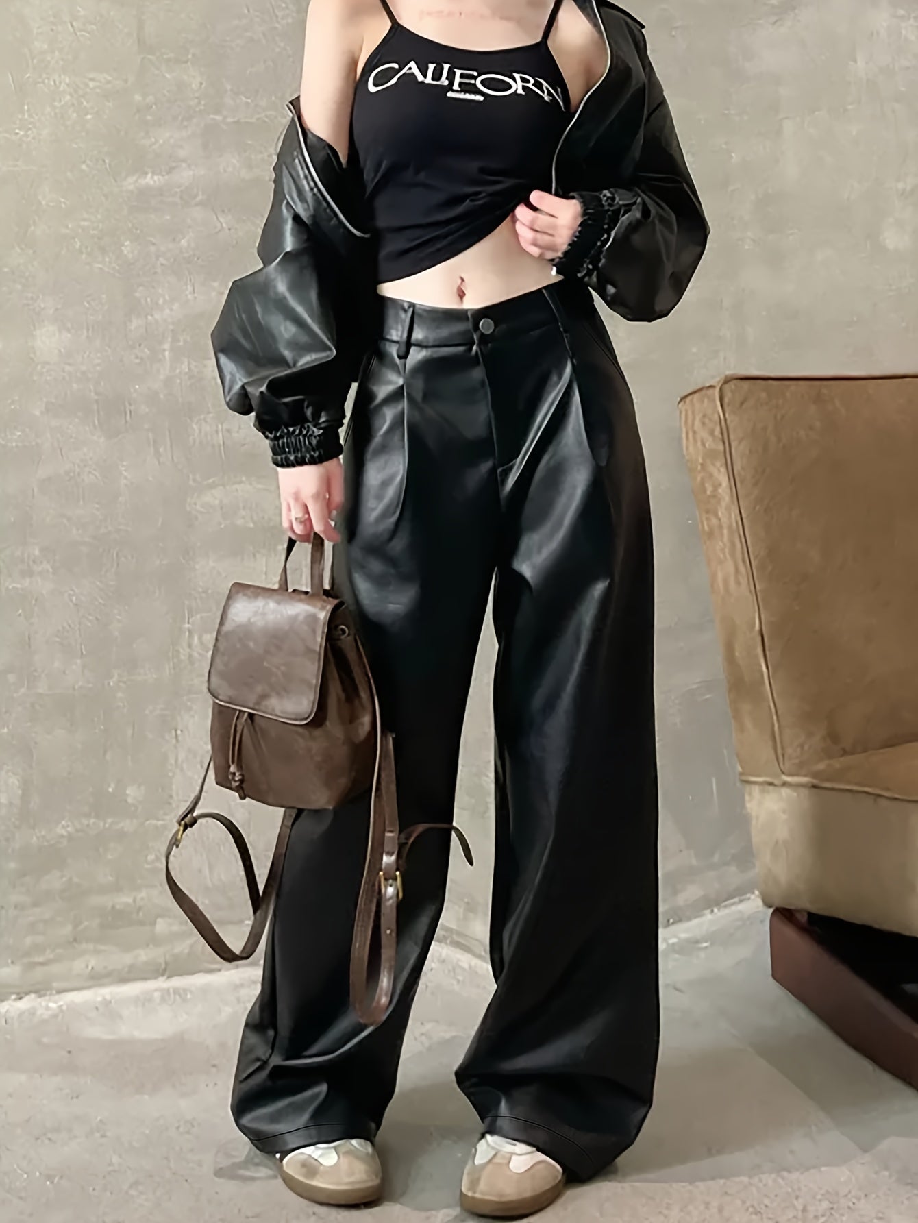 Sleek Black Leather Slacks for Women with High Waist Wide Leg Pleated Relaxed Style