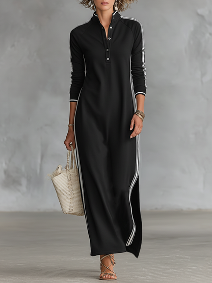 Stylish Shirt Dress for Women with Stand Collar Side Stripe Long Sleeve Sporty Casual Maxi Style