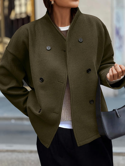 Elegant Dark Green Pea Coat for Women with Stand Collar Long Sleeve Double Breasted Relaxed Style